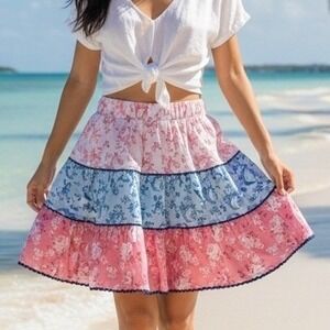 Simply Southern Floral Tiered Mini Skirt Pink Blue Cotton Scalloped Trim Large